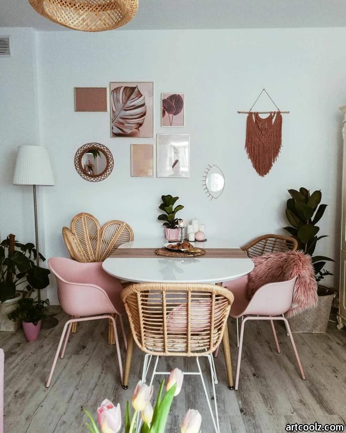dining room set up boho chairs