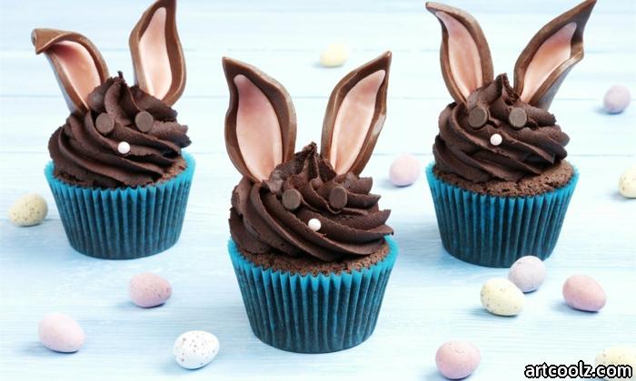 three chocolate eggs with long ears easter muffins - small white and purple eggs