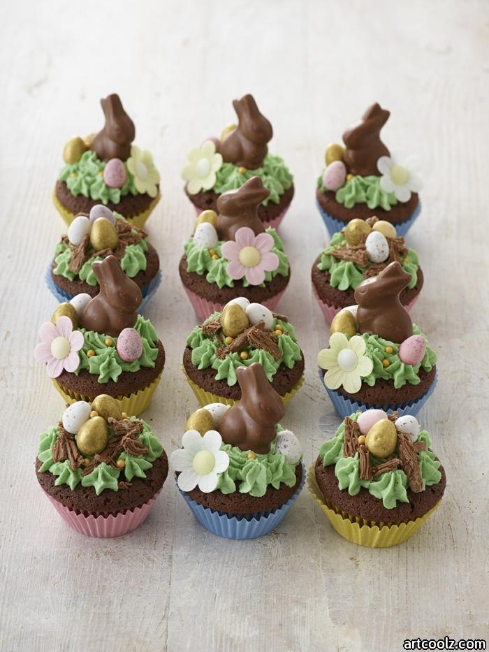 bunnies made of chocolate white flowers gray easter muffins baking ideas