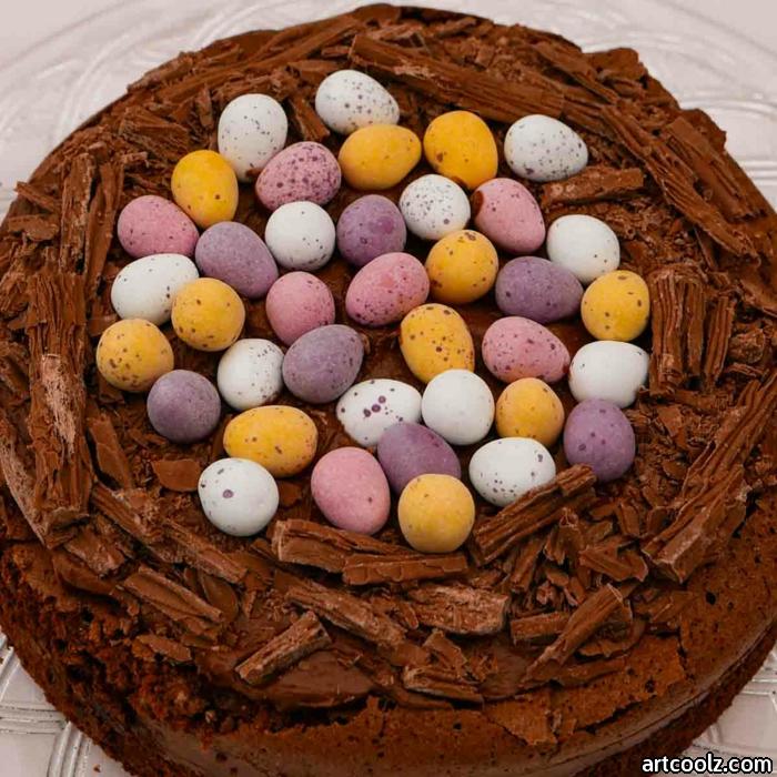 a big chocolate cake with lots of small yellow blue and purple eggs