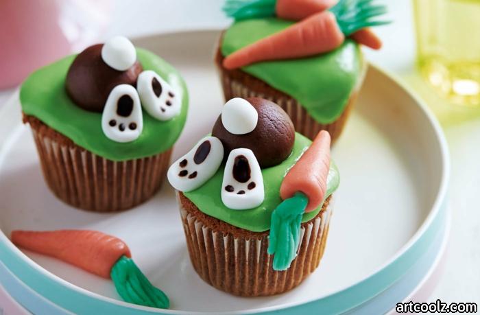 white plate of green muffins with rabbits and carrots easter baking ideas