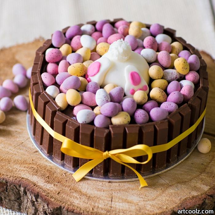 Easter bake a cake made of chocolate and lots of small yellow, purple and pink easter eggs