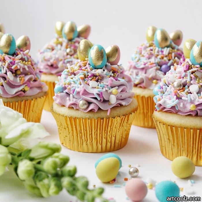 easter muffins bake muffins with a purple cream and golden easter eggs