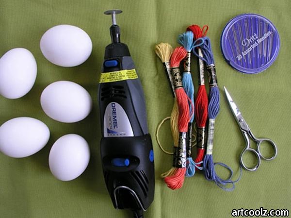 Paint Easter eggs colorful yarn scissors technology idea