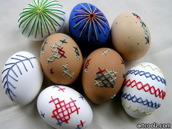 Easter egg painting colorful yarn pattern cross