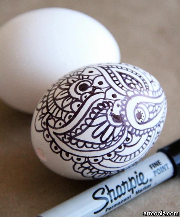 Paint easter eggs black and white drawing pattern