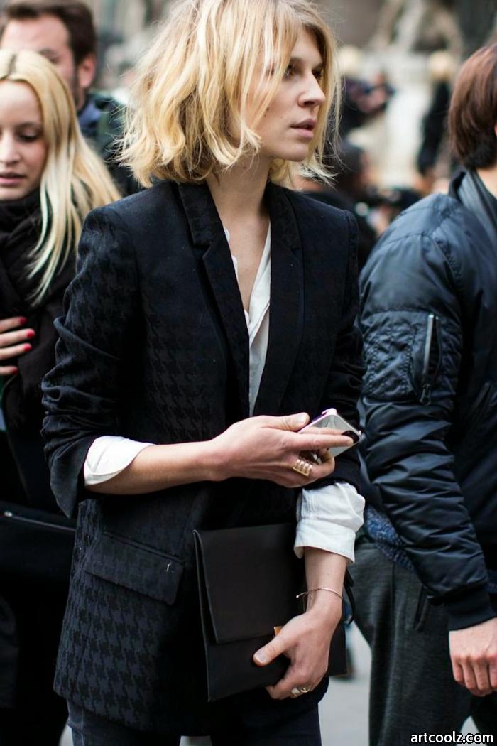 clemence poesy street style fashion week eleganter schwarzer anzug inspiration frisuren 2021 frauen bob kurze blonde haare