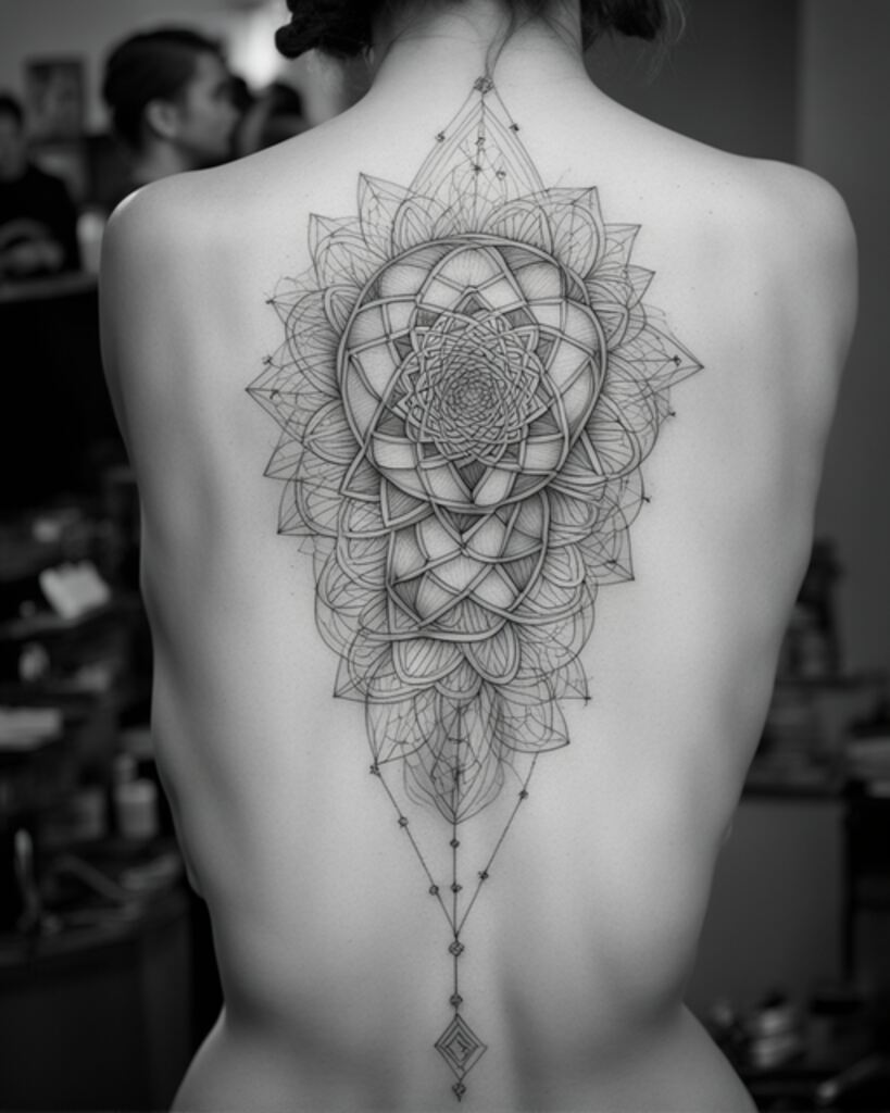A back of a person with a geometry tattoo