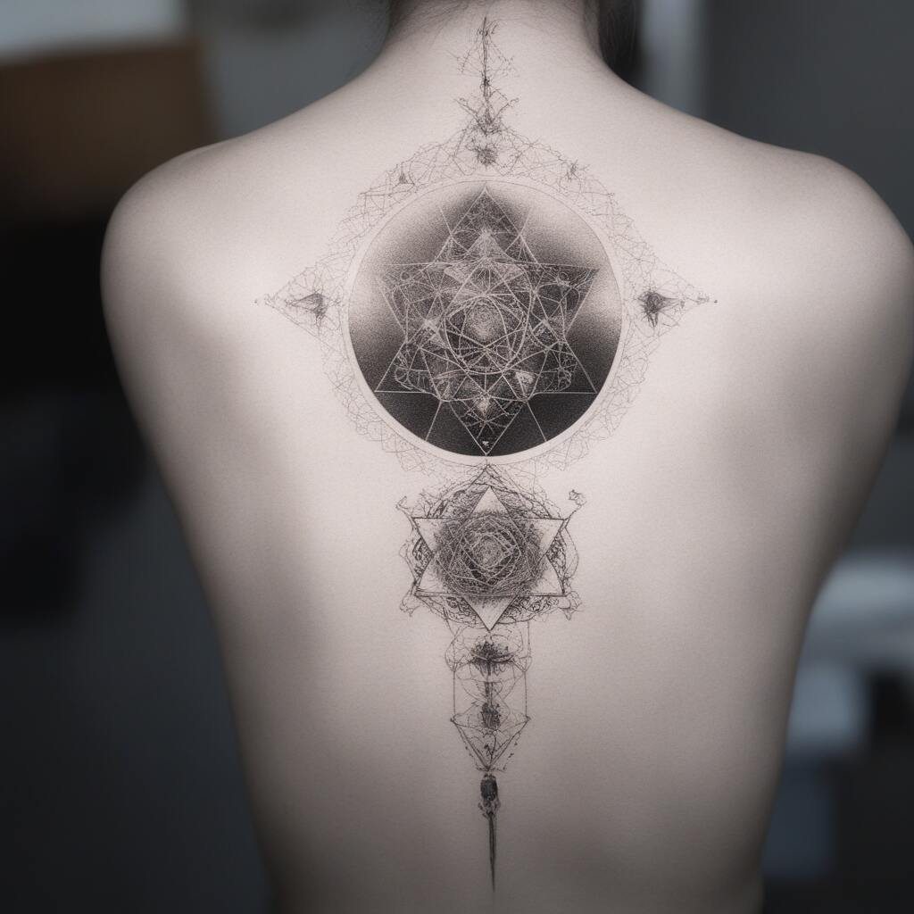 A back of a person with a sacred geometric tattoo