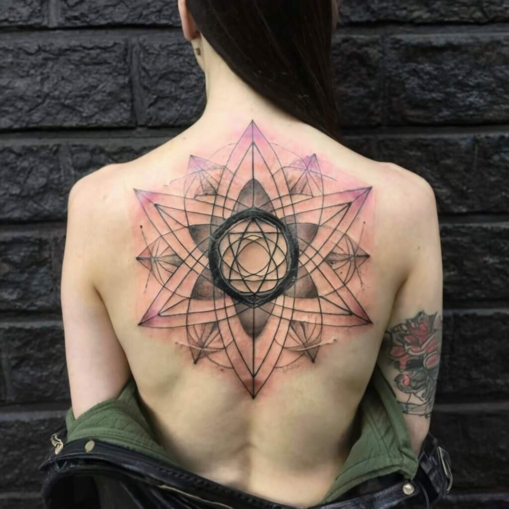 A back of a woman with a geometric tattoo on her back