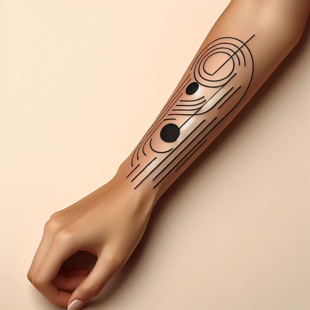 A forearm tattoo design featuring sleek lines and abstract shapes in black ink.