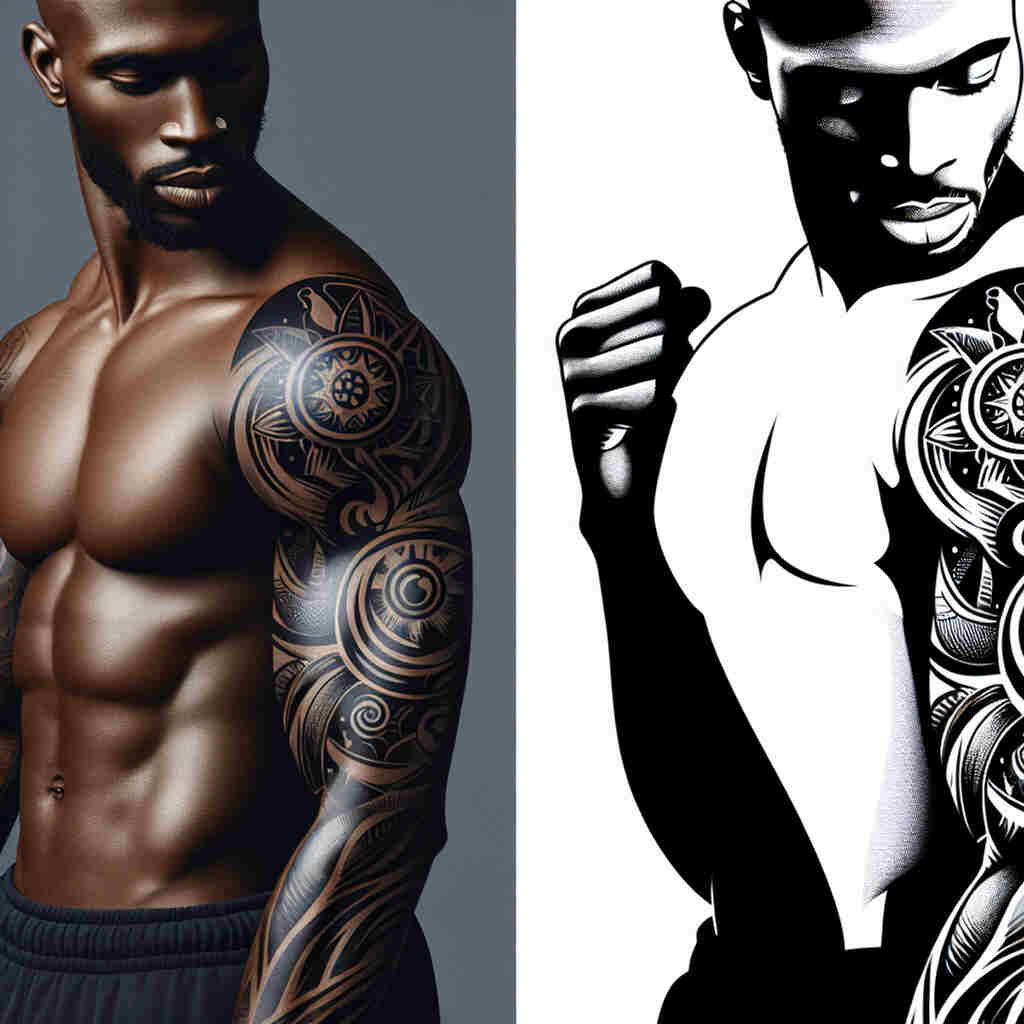 A muscular Black man confidently flexes his arm, showcasing an intricate shoulder tattoo that symbolizes power and resilience.