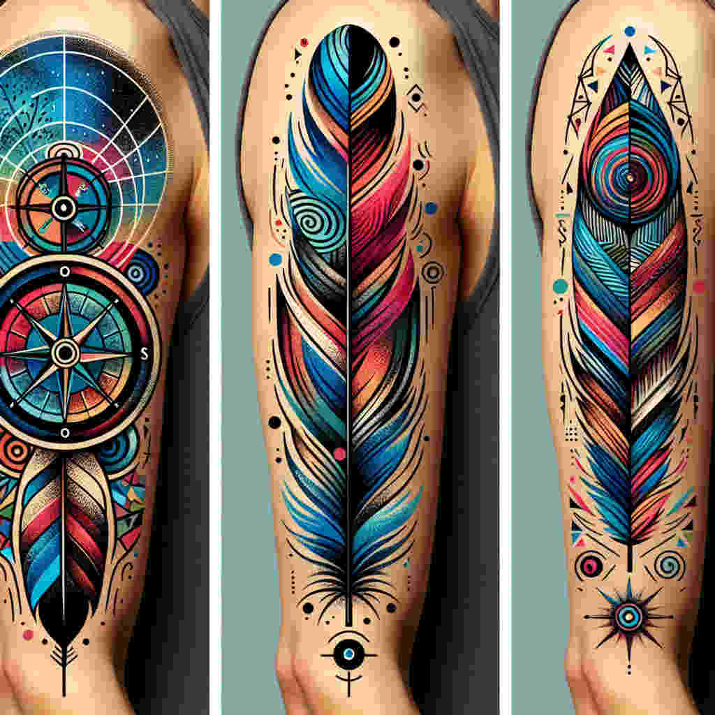 A vibrant, colorful tattoo on a person's arm featuring a compass, feather, unique shapes, and abstract patterns, symbolizing direction, freedom, individuality, and complexity.