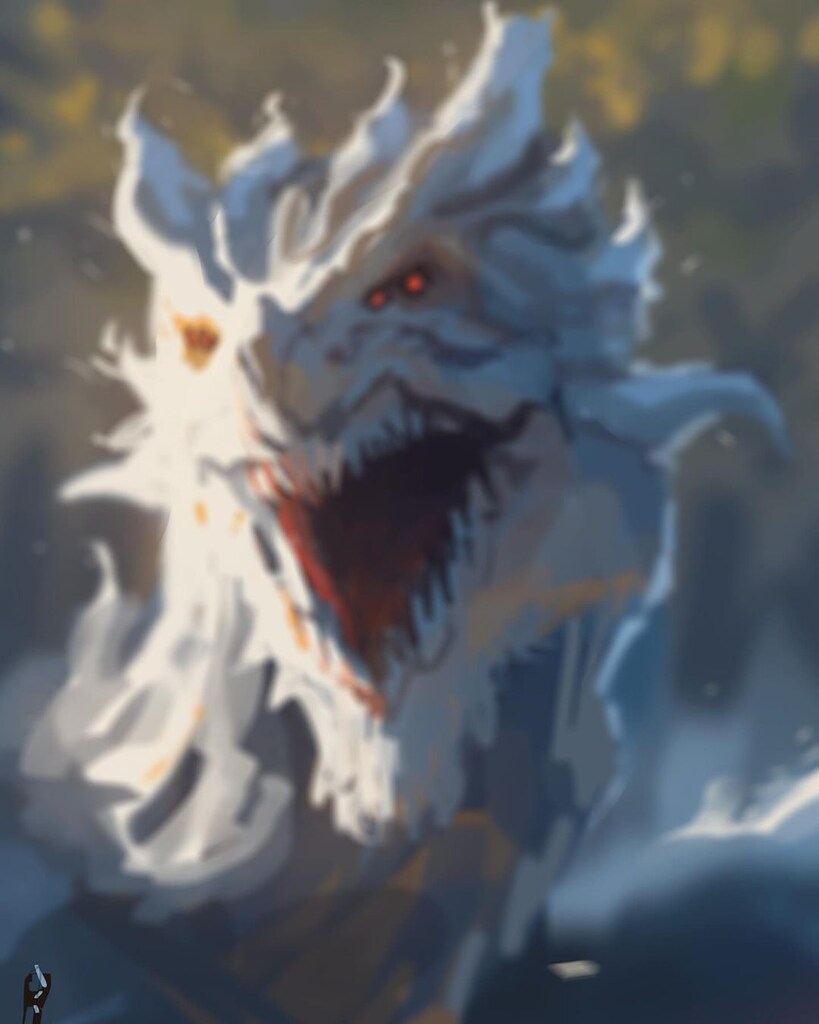 A white dragon with red eyes, digital drawing by sam yang