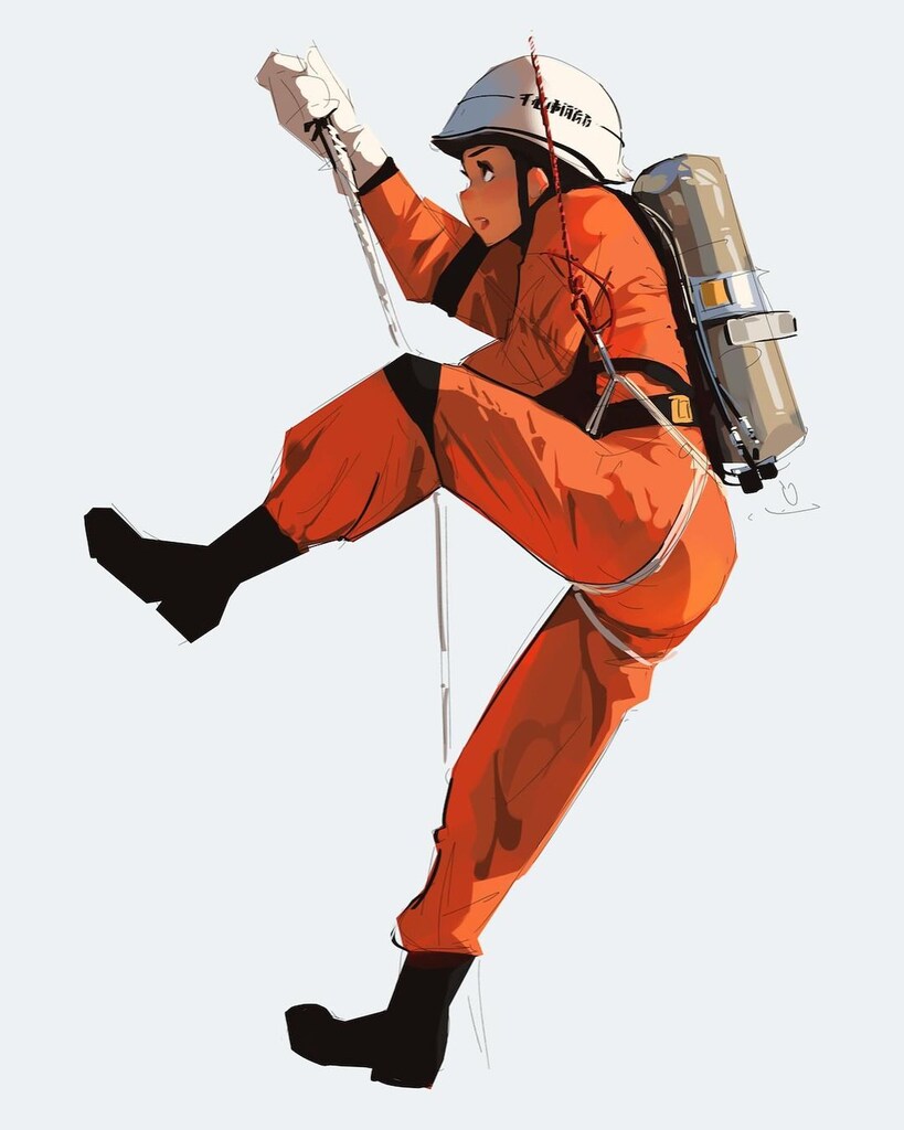 A cartoon of a woman in an orange jumpsuit and helmet
