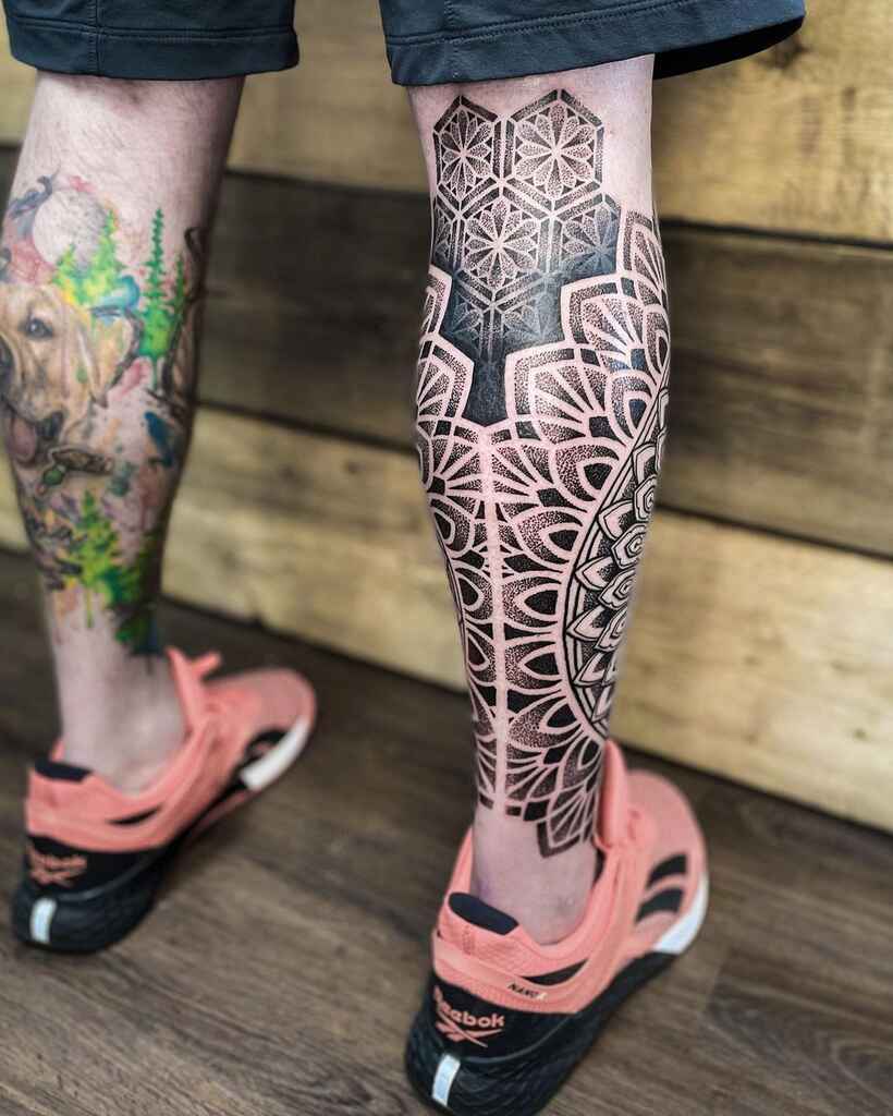 Sacred geometric tattoo example on leg